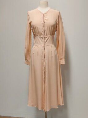 ZADY [Rare] Blush Pink 100% Silk Puff Sleeve ButtonLoop Front Midi Dress Size: S